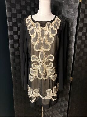 Ark & Co. Anthropologie black embroidered tunic dress with long bell sleeves